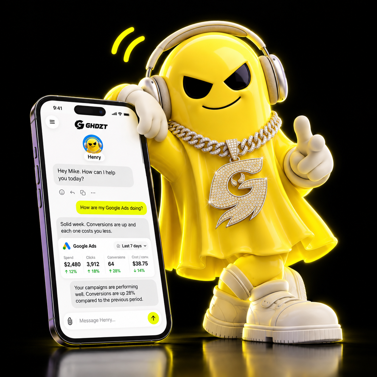 Henry mascot with sample marketing data displayed on a phone screen